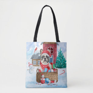 フレンチブルドッグ+雪の中のクリスマス犬小屋 トートバッグ