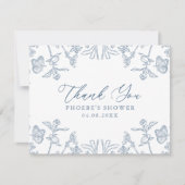 フレンチブルーのシノワズリーフラワーブライダルシャワーフラット サンキューカード (正面)
