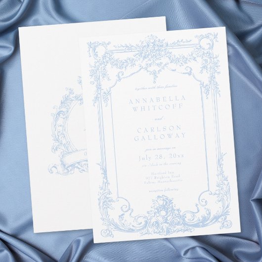 フレンチブルーのロココ風ヴィンテージエレガントな結婚式 招待状
