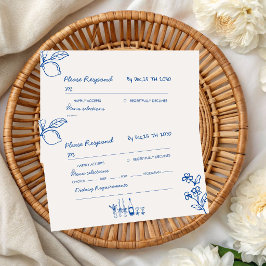 フレンチブルーの手描きシャンパンの夢のある結婚式 出欠カード