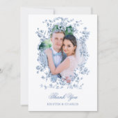 フレンチブルーの花とリボンの結婚式フォト サンキューカード (正面)