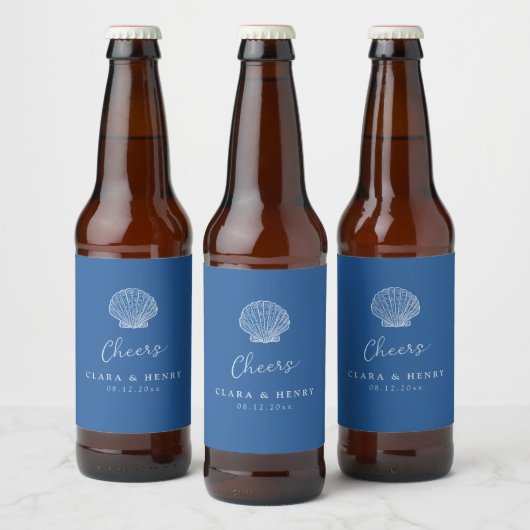 フレンチブルーの貝殻の結婚式ビールラベル ビールラベル (ボトル)