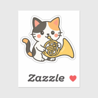 フレンチホルンのキャリコ猫のかわいいアート シール