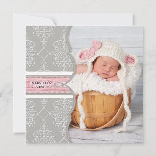 フレンチボウ ダマスク スワール 女の子 誕生発表 案内状 (裏面)