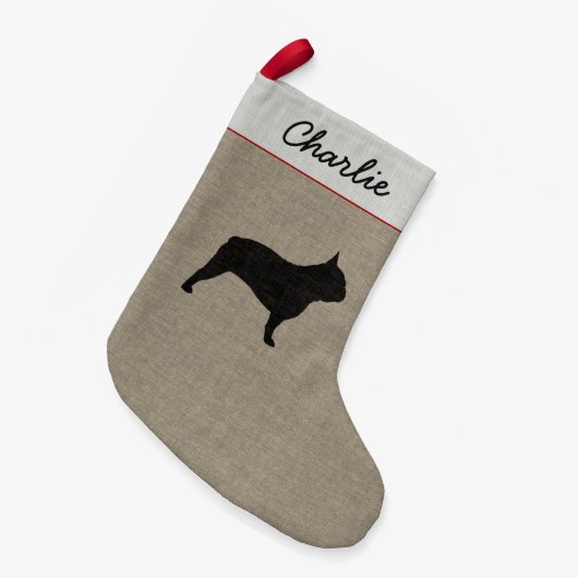 フレンチ・ブルドッグのシルエットのFrenchieの飼い犬のカスタム スモールクリスマスストッキング (正面 (吊り時))
