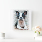 フレンチ・ブルドッグ犬 スクエア壁時計 (ホーム)