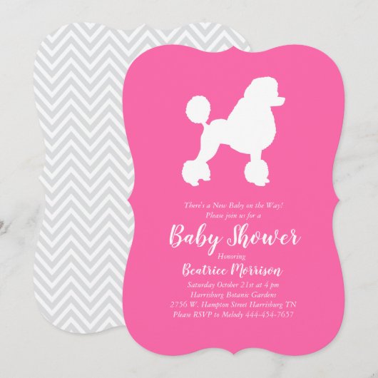 フレンチ・プードルの犬の赤ちゃんの歓迎会 ピンクの女の子 パピー 招待状 (正面/裏面)