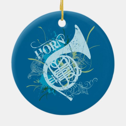 フレンチ・ホルンのグランジで青いクリスマスツリーのギフト セラミックオーナメント (裏面)