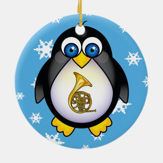 フレンチ・ホルンのペンギンの青いクリスマスのギフト セラミックオーナメント (裏面)