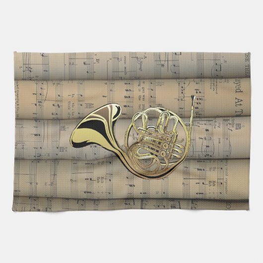 フレンチ・ホルンの~は楽譜の背部~のミュージカルを転がりました キッチンタオル (横)