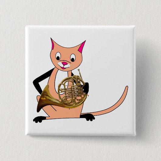 フレンチ・ホルンを遊んでいる猫 缶バッジ (正面)