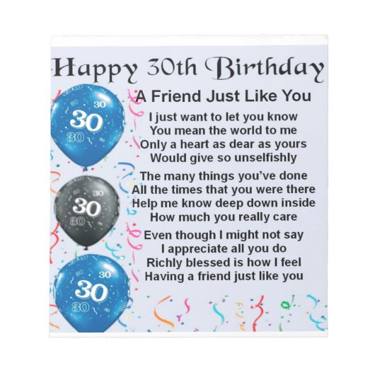 フレンドの詩 – 30歳の誕生日 ノートパッド (正面)