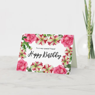 フレンドの誕生日水色ピンクの花 カード