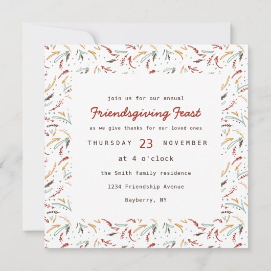 フレンドシップタイポグラフィ感謝祭ディナー 招待状 (裏面)