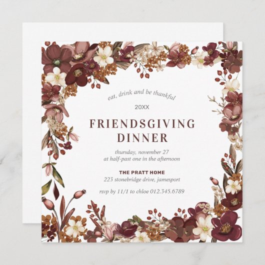 フレンドシップディナーブルガンディマウヴホワイトフローラ 招待状 (正面/裏面)