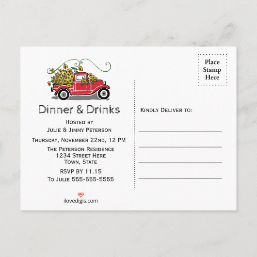 フレンドシップディナーヴィンテージレッドトラックヒマワリ インビテーションポストカード (裏面)