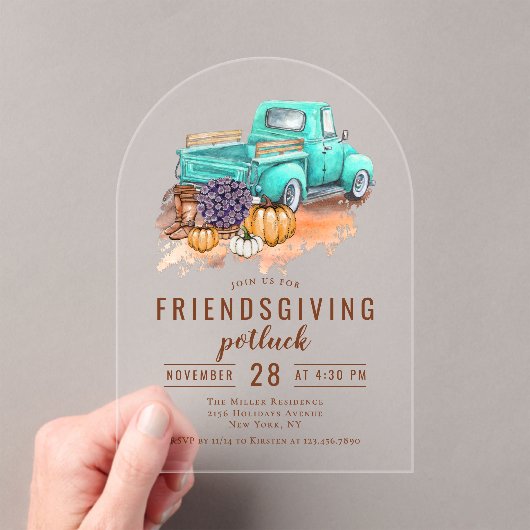 フレンドシップディナー素朴ポットラックファームトラック アクリル招待状 (インサイチュ (ポータブル))