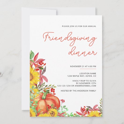 フレンドシフィングサンクスギビングディナー秋パンプキン 招待状 (正面)