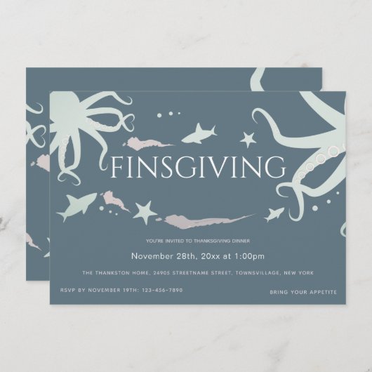 フレンドジビング感謝祭シーライフブルーグレーピンク 招待状 (正面/裏面)