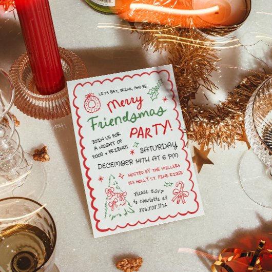 フレンドスマスのクリスマスパーティーにぴったりな、遊び心あふれる手描きのイラスト入り招待状 招待状
