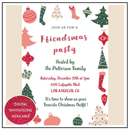 フレンドズマス招待状かわいいクリスマスパターン 招待状