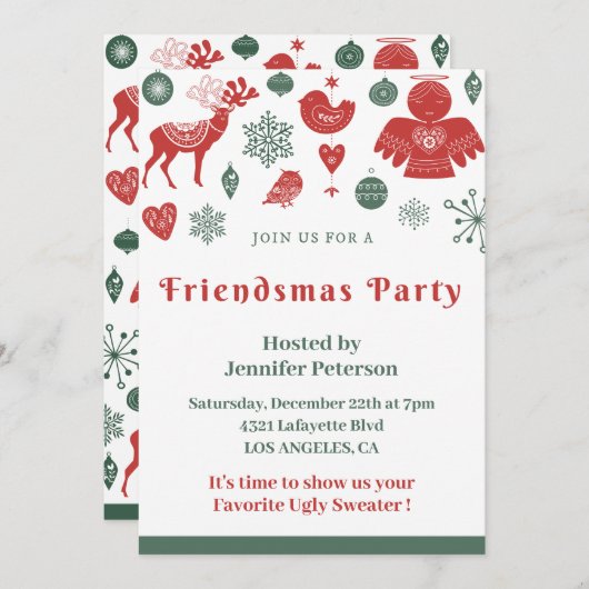フレンドズマス招待状クリスマスノルディックグリーン 招待状 (正面/裏面)