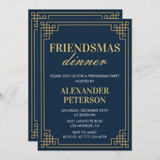 フレンドズマス招待状ディナーネイビー金ゴールド 招待状 (正面/裏面)