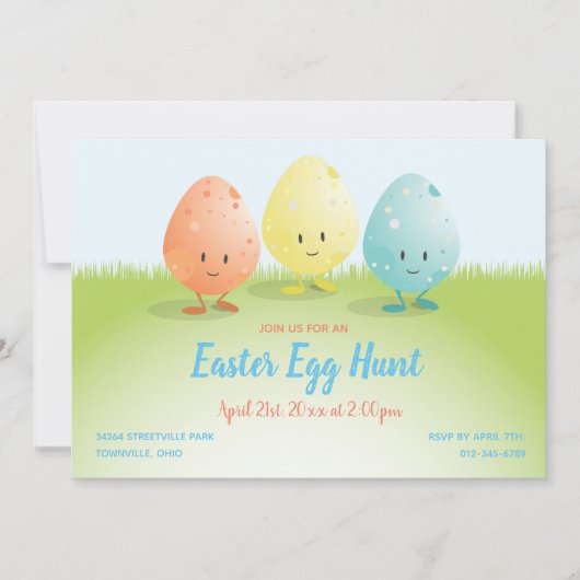 フレンドリーなイースターエッグの狩りの横の漫画 招待状 (正面)