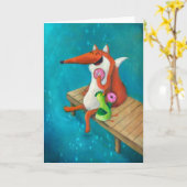 フレンドリーなキツネおよび鶏の食べ物のドーナツ カード (黄色い花)