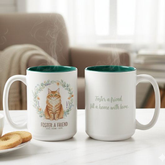 フレンドリーな保護猫のジンジャーの猫の花輪 ツートーンマグカップ