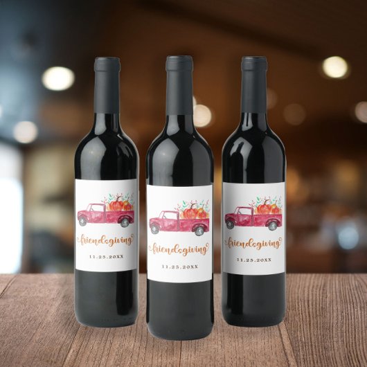 フレンドリーな赤いピックアップトラックカボチャのスクリプト ワインラベル