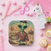 フレンドリーエイリアン付お誕生日ケーキ ペーパープレート (パーティー)