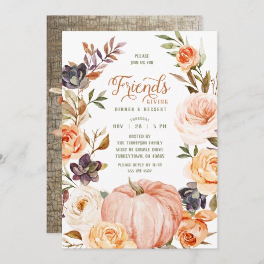 フレンドリージングウォーターカラーフローラカボチャ招待状 招待状 (正面/裏面)