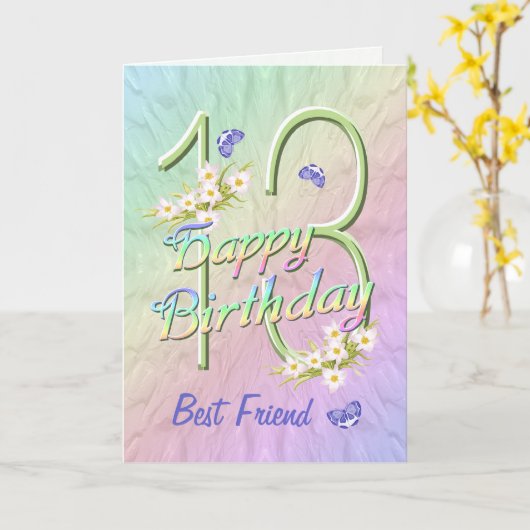 フレンド最高の13th誕生日バタフライガーデンカード カード (黄色い花)