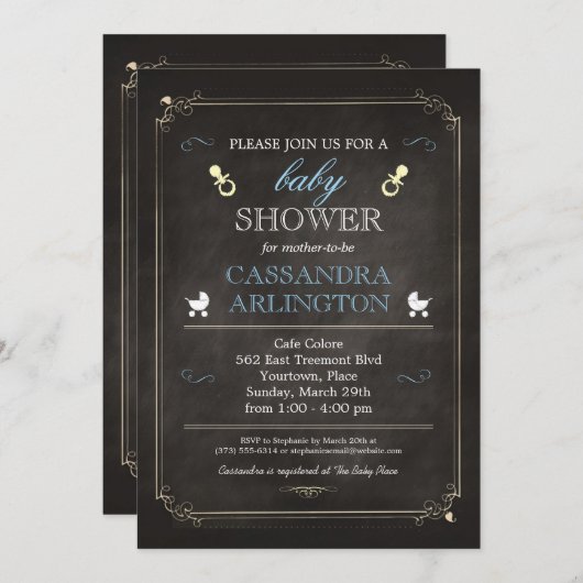 フレーエレガントムチャルクボード青のベビーシャワー 招待状 (正面/裏面)