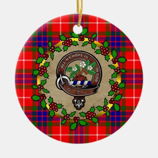 フレーザークランバッジとタータンチェックパーソナライズされたクリスマス セラミックオーナメント (正面)