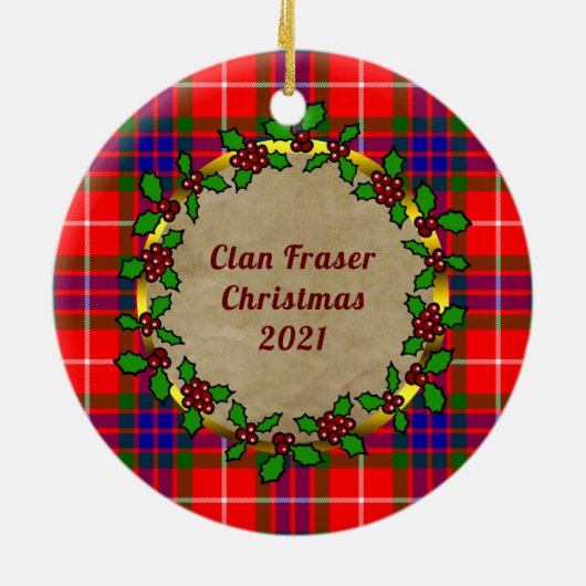 フレーザークランバッジとタータンチェックパーソナライズされたクリスマス セラミックオーナメント (裏面)