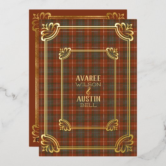 フレーザーレッド風化タータンチェックゴールドフォイル招待状 箔招待状 (正面/裏面)