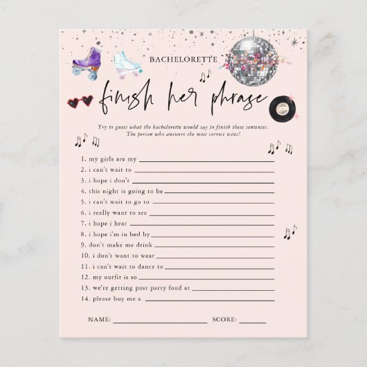 フレーズローラースケートで滑るバチェロレッテゲームを終了 (正面)