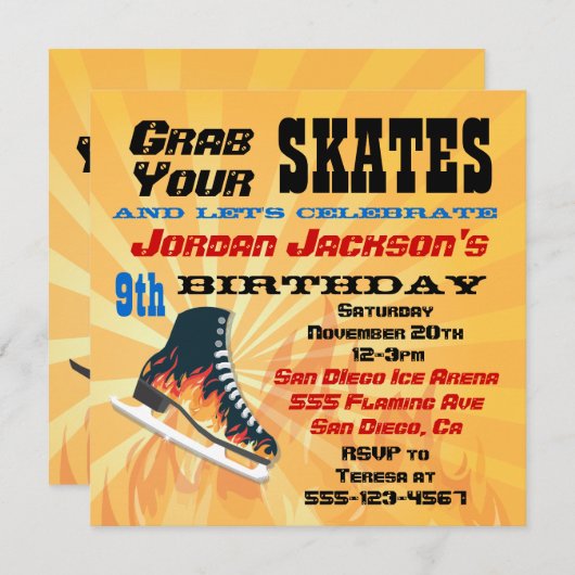 フレーミングアイススケートで滑る誕生日パーティーの招待 招待状 (正面/裏面)