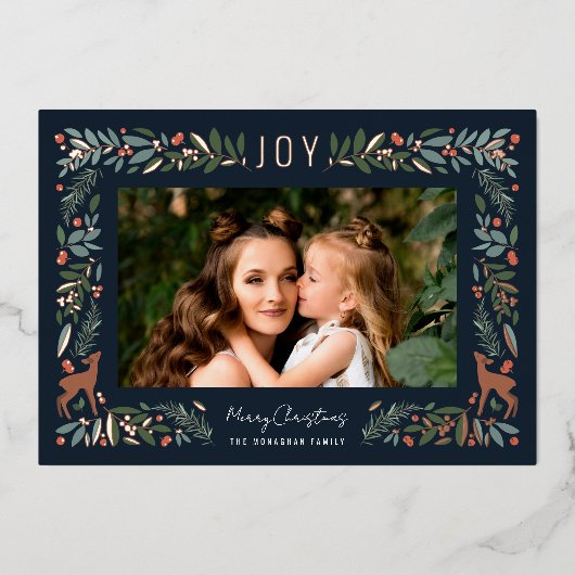 フレームかわいらしリトルシカ |ネイビー写真クリスマス 箔シーズンカード (正面)