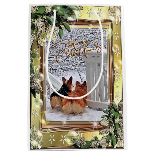 フレームが付いている雪の2匹のコーギー ミディアムペーパーバッグ (正面)