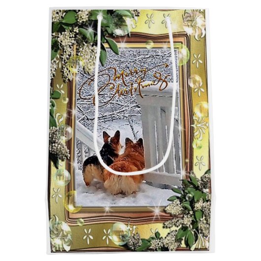 フレームが付いている雪の2匹のコーギー ミディアムペーパーバッグ (裏面)