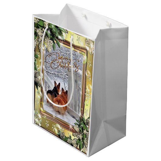 フレームが付いている雪の2匹のコーギー ミディアムペーパーバッグ (裏面アングル)