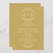 フレームとイニシャル結婚金ゴールドのブライダルシャワー 招待状 (正面/裏面)