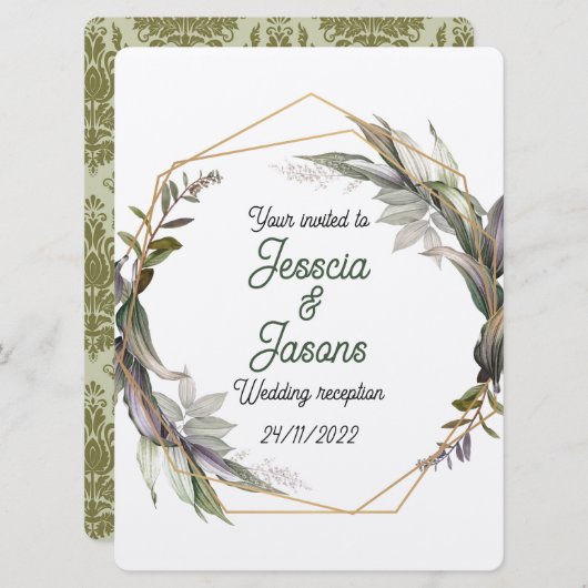 フレームとダマスクウェディング招待状 (正面/裏面)