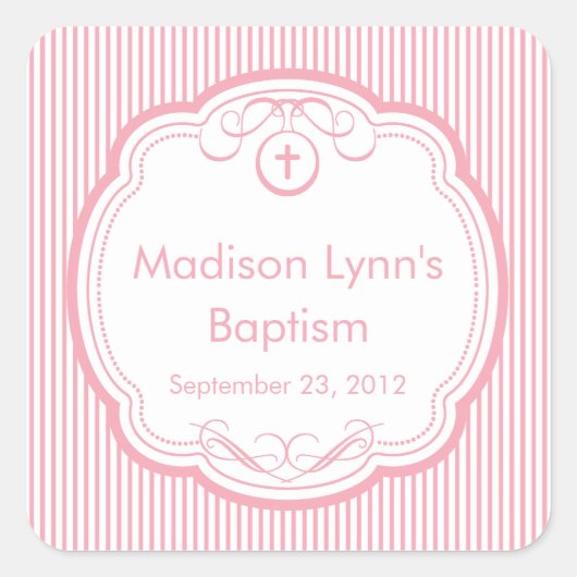 フレームの甘い十字バプテスマの好意シールピンク スクエアシール (正面)