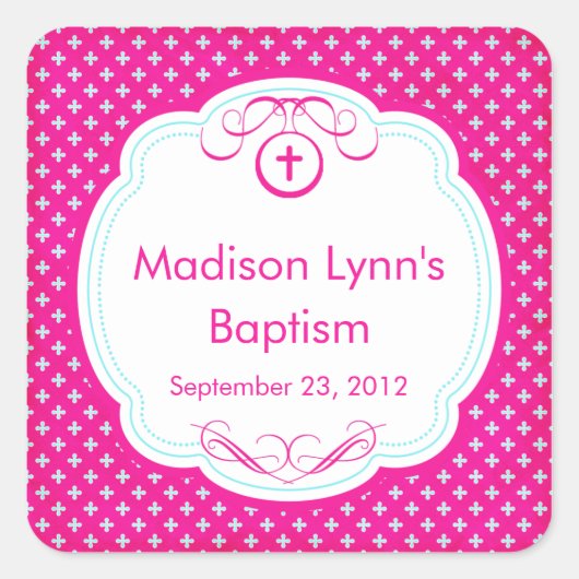 フレームの甘い十字バプテスマの好意シールピンク スクエアシール (正面)