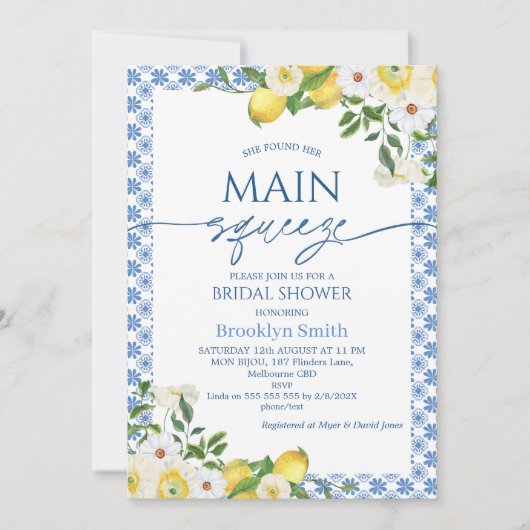 フレームイエローフローラレモンをテーマにしたブライダルシャワー 招待状 (正面)
