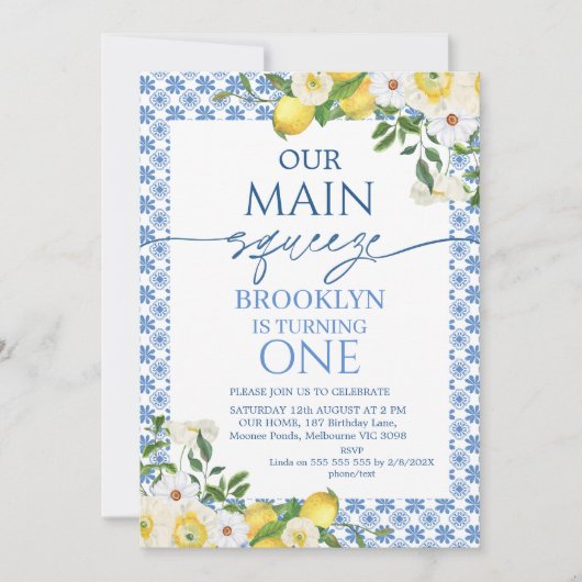 フレームイエローフローラレモンメインスクイーズ誕生日 招待状 (正面)